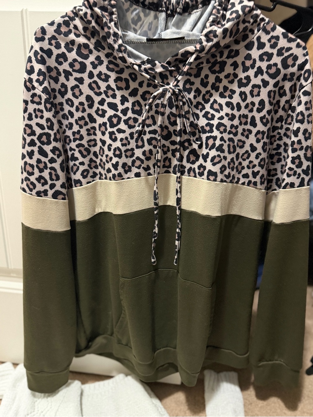 SHEIN Olive, Cream & Leopard Print Colorblock Hoodie Sweater
